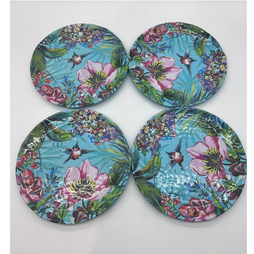 Pier 1 Hummingbird Dinner Plate Set of 4 Melamine Tropical Floral Turquoise